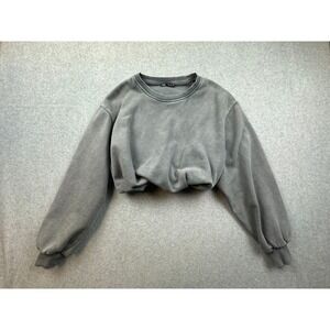 Zara Cropped Bubble Hem Sweatshirt Gray Acid Wash Elastic Waist Pullover Small